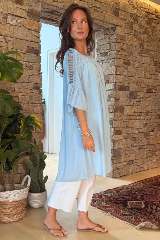 Made in Italy Menorcan Crochet Shoulder Dress Powder